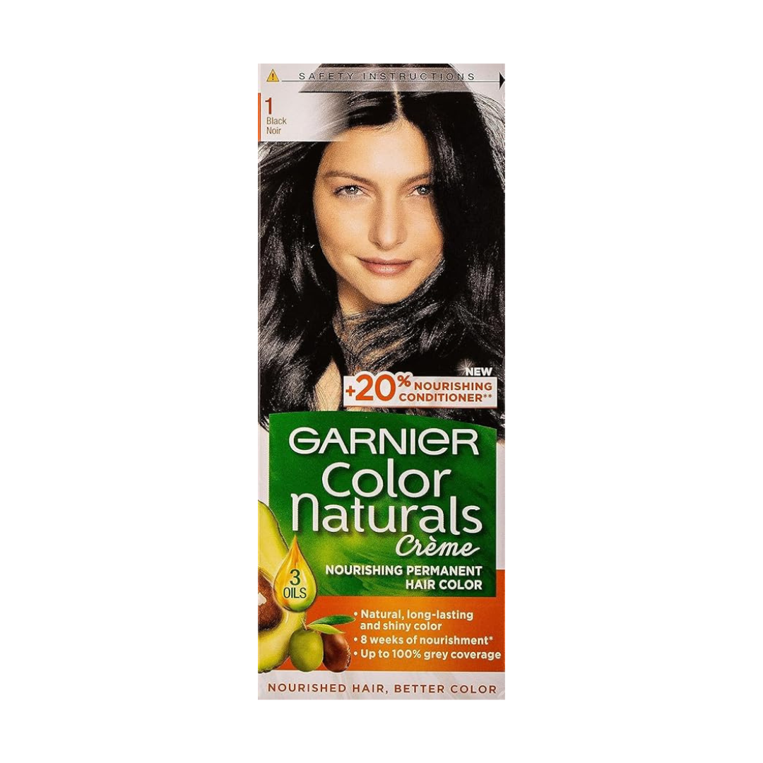 Garnier Hair Colour, With 3 Nourishing Oils, Grey Covereage, Long-lasting Shiny Colour, Natural-looking Result, For All Hair Types, Color Naturals Crème black (12PCS/CTN)