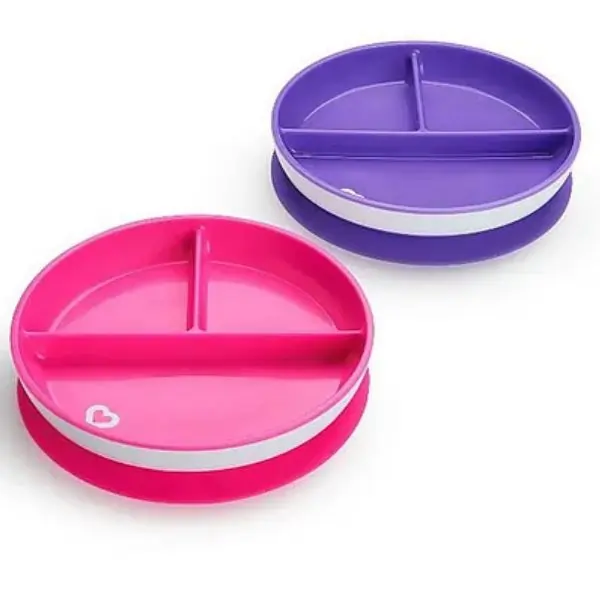 Munchkin Stay Put Suction Plates, 2 Pack – Pink and Purple, BPA-Free Toddler Plates, Non-Slip, Dishwasher and Microwave Safe