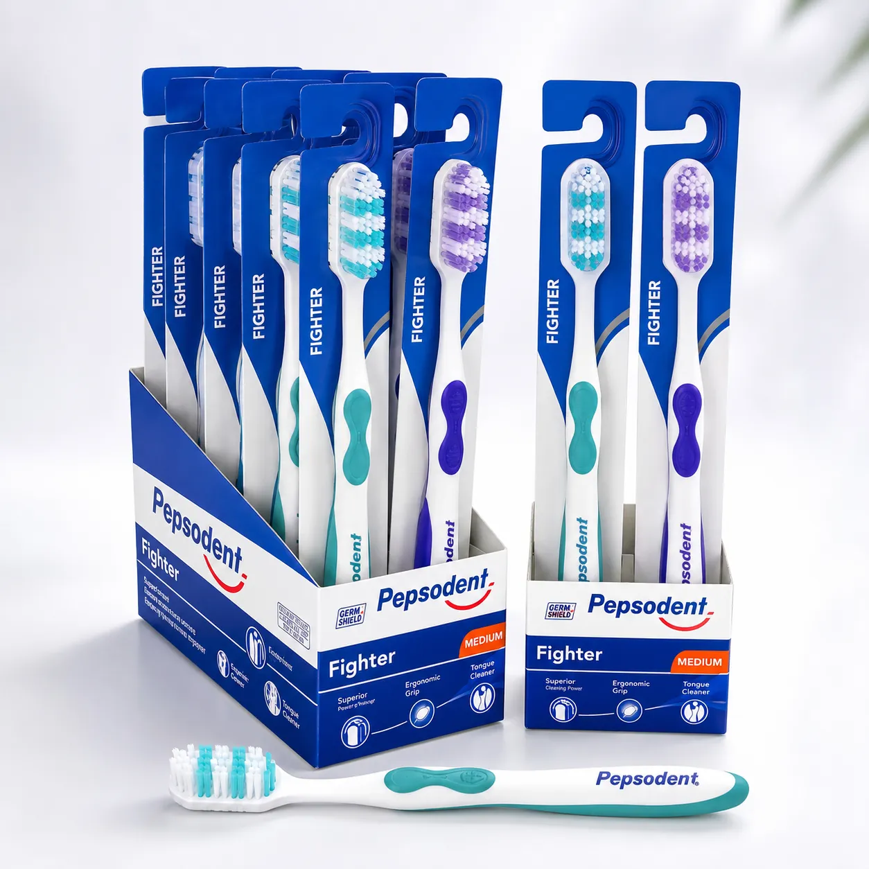 Pepsodent Fighter Medium Toothbrush, Soft Bristles Oral Care Tooth Brush for Adults, Display Pack (96pcs/ctn)