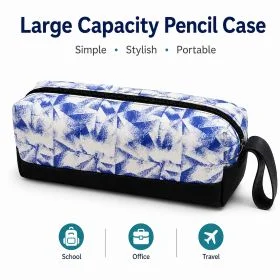 MOTARRO Geometric Pencil Case, Large Capacity Portable Zipper Storage Pouch, Durable Canvas Pen Organizer Bag with Handle for School, Office, and Travel, Blue & White Pattern