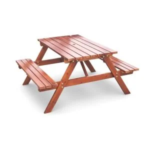AL ARQAM Outdoor Wooden Table & Bench Set with Umbrella Hole – A-Shape Frame, Kids Picnic Furniture for Backyard & Garden – 120x130x70cm