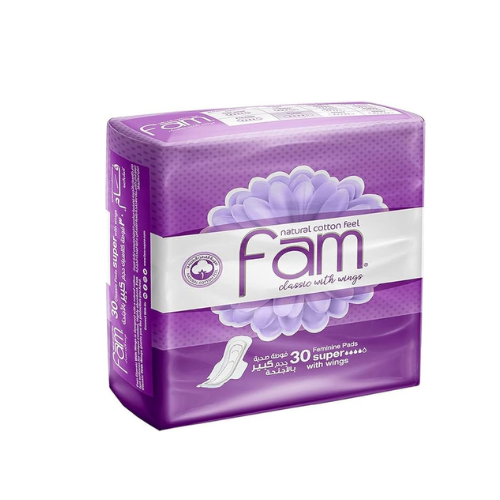 Fam Classic with wing Natural Cotton Feel Maxi Thick Super Sanitary Pads, 30 pads (6pack/ctn)