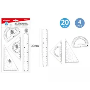 Motarro Geometric Ruler Set MI049-20, 20cm, 4 Pieces with Protractor and Triangle, School and Office Supplies
