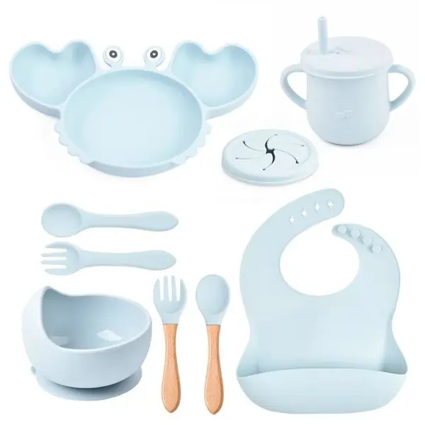 ALGO 9 PCS Food Plate Set with Cup and Wooden Spoon for Early Educational Feeding