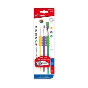 MOTARRO Kids Paint Brush Set MP154-2 - 3pc Soft Non-Slip Grip (Round #2, #10, Flat #12) - For Watercolor, Acrylic, Gouache & Oil
