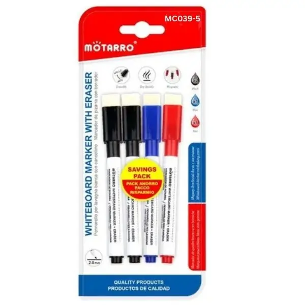 MOTARRO Marker with Eraser MC039-5, Dry Erase Whiteboard Marker with Built-In Eraser for Office, School & Classroom