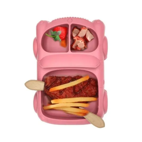 ALGO Silicone Baby Food Plate with Wooden Spoon – Car Shaped BPA-Free Feeding Plate for Babies & Toddlers