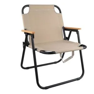 AL ARQAM Beige Outdoor Foldable Camping Chair – High Back Reclining Seat with Wooden Armrests | Lightweight Heavy-Duty Aluminum Frame for Beach, Fishing & Patio