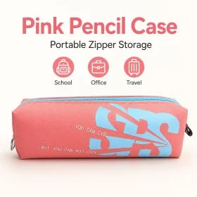 MOTARRO Pink Pencil Case, Portable Zipper Storage Pouch, Durable Fabric Stationery Organizer Bag for School, Office, and Travel, Light Blue Lettering Accent