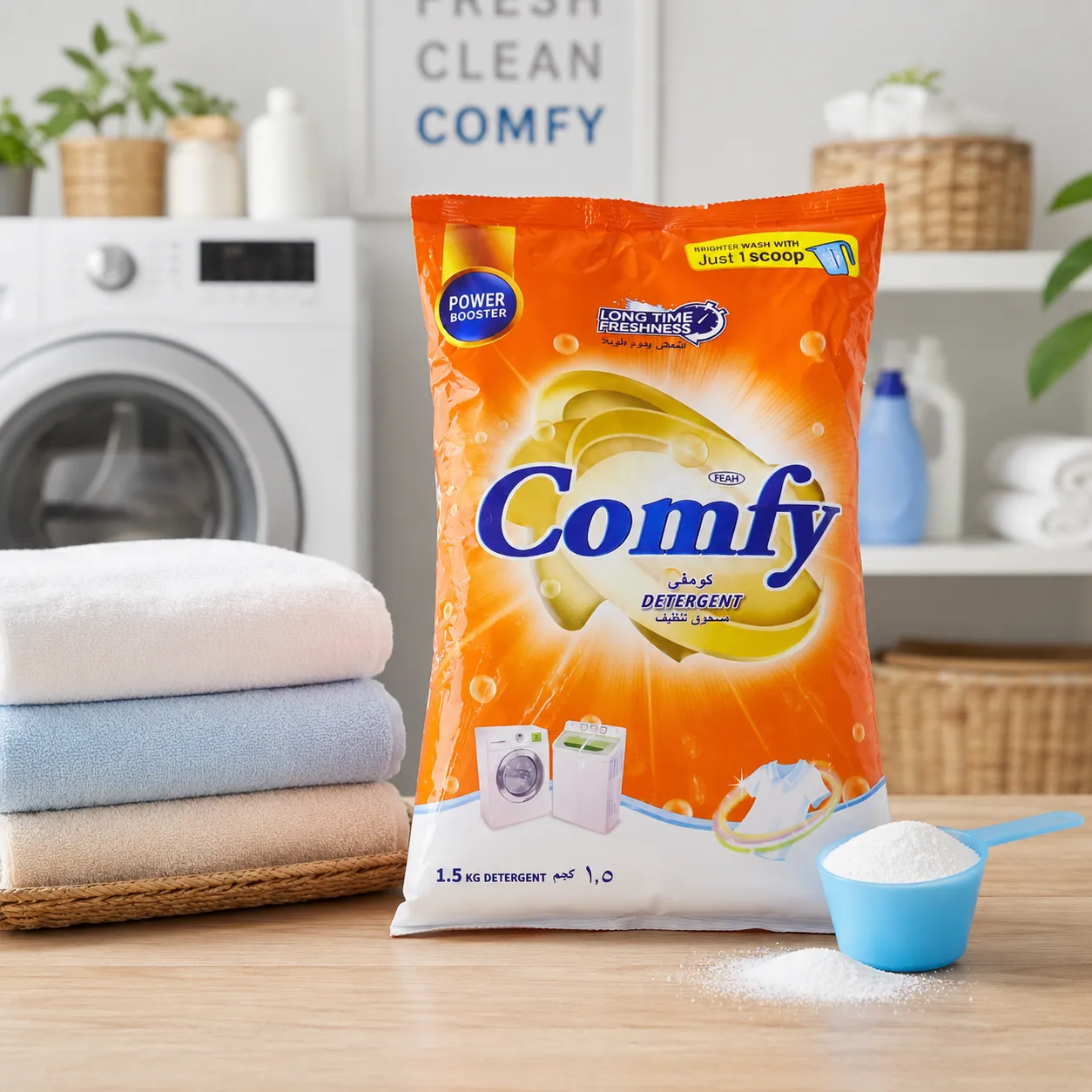 FEAH Comfy Detergent Powder – 1.5kg (12pcs/ctn)  Powerful Stain Removal & Long-Lasting Fragrance | Suitable for Front & Top Load Machines