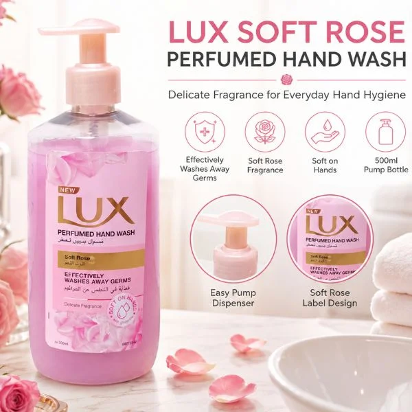 Lux Soft Rose Perfumed Hand Wash 500ml(12PC/CTN) – Liquid Hand Soap with Pump, Delicate Rose Fragrance & Glycerin