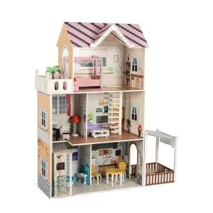 AL ARQAM Kids Wooden Dollhouse with Montessori Pretend Play Set – Realistic Furniture, Elevator & Balcony, Durable Toy for Ages 3+, 110x33x120 cm