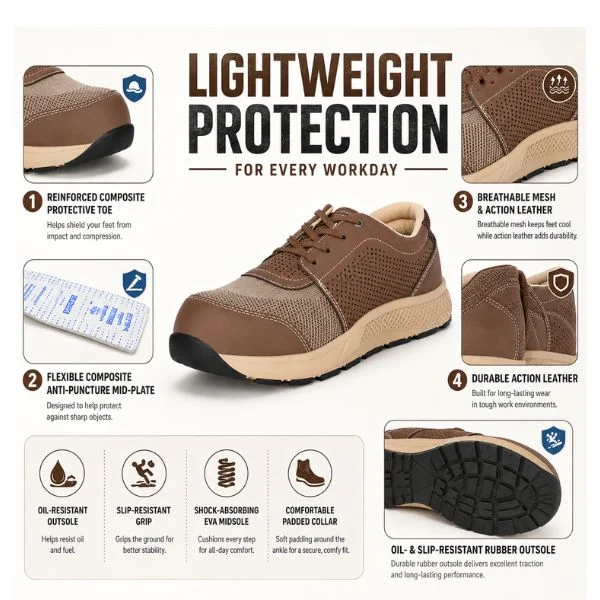 Workland VBA Safety Shoes for Men – Composite Toe, Composite Mid-Plate, Slip & Oil Resistant, Breathable Low Ankle Work Shoes