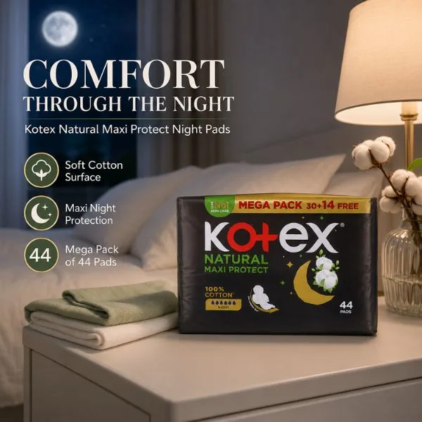 Kotex Natural Maxi Protect Night Pads 44 Count (3PC/CTN)– Cotton Feel Sanitary Pads