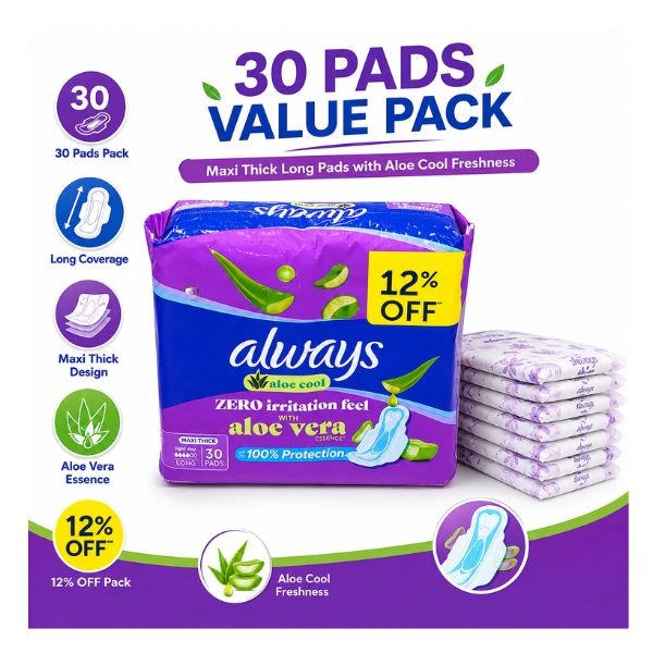 Always Aloe Cool Maxi Thick Long Sanitary Pads 30 Pads(6PC/CTN) – Aloe Vera Essence, Zero Irritation Feel, Feminine Hygiene Pads