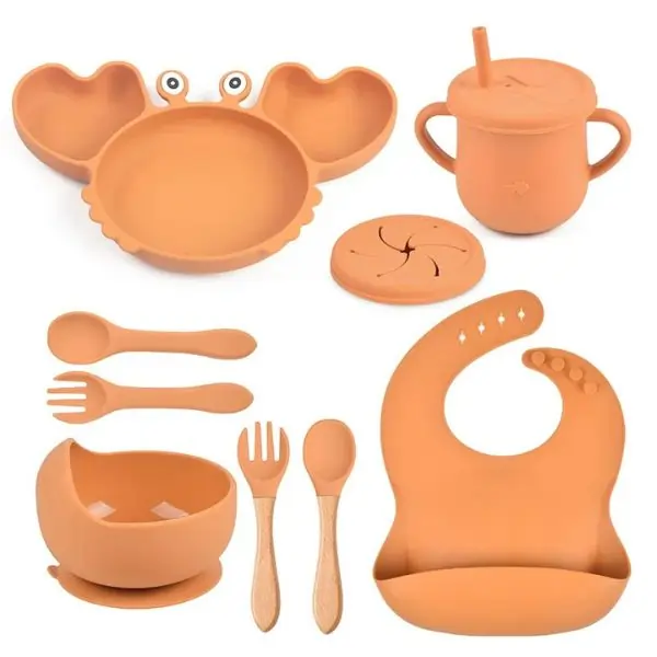 ALGO 9 PCS Food Plate Set with Cup and Wooden Spoon for Early Educational Feeding