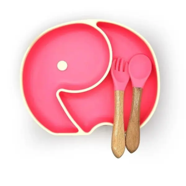 ALGO Silicone Baby Food Plate with Wooden Spoon – Elephant Shaped BPA-Free Feeding Plate for Babies & Toddlers
