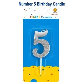 Italo Number 5 Birthday Candle, Metallic Glitter Cake Topper Candle, Silver Party Cake Decoration For Kids Birthday, Baby Party, Dessert Table & Age 5 Celebration