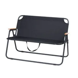 AL ARQAM Black Foldable Outdoor Loveseat Chair – 2-Person Portable Camping Bench with Wood-Grain Armrests, Heavy-Duty Folding Lawn Chair for Picnic, Beach, Hiking & Home