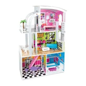 AL ARQAM Kids Wooden Dollhouse with Realistic Furniture, Balcony & Elevator – Durable Pretend Play Toy for Ages 3+, 70x30x110 cm