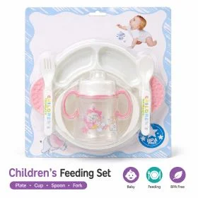 4Pcs Children’s Feeding Set Pink – BPA-Free Baby Plate, Cup, Spoon & Fork Set, Divided Toddler Plate with Training Cup, Kids Self-Feeding Tableware Set