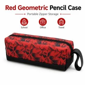 Geometric Pencil Case, Large Capacity Portable Zipper Storage Pouch, Durable Canvas Pen Organizer Bag with Handle for School, Office, and Travel, Red & Black Pattern