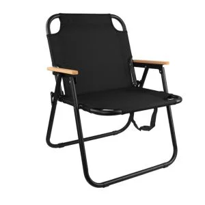 AL ARQAM Black Outdoor Foldable Camping Chair – High Back Reclining Seat with Wooden Armrests | Lightweight Heavy-Duty Aluminum Frame for Beach, Fishing & Patio