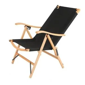 AL ARQAM Black Folding Camping Chair – Reclining Outdoor Lounge Chair with Adjustable Headrest & Wooden Armrests | Portable Heavy-Duty Deck Chair for Patio, Beach, Picnic & Lawn