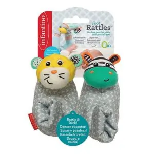 Infantino Foot Rattles for Infants, Zebra & Tiger Multicolor Plush, Motor Skill Development, 0M+ - 1 Pair