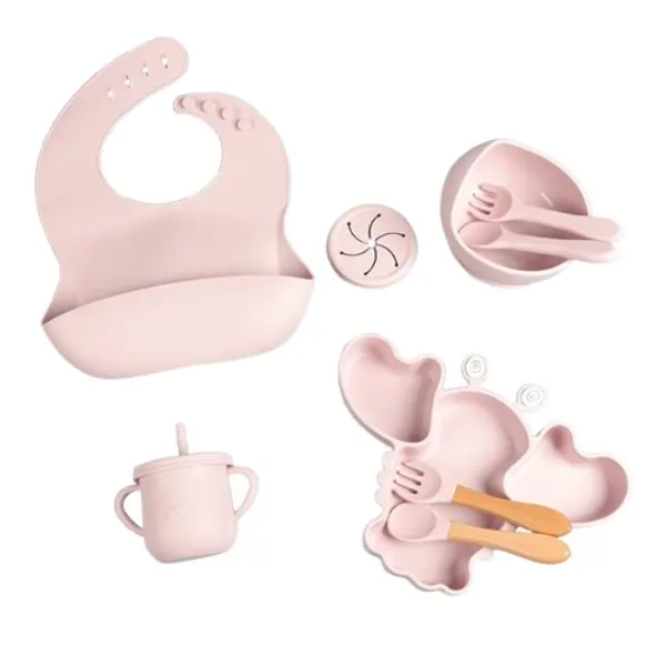 ALGO 9 PCS Food Plate Set with Cup and Wooden Spoon for Early Educational Feeding