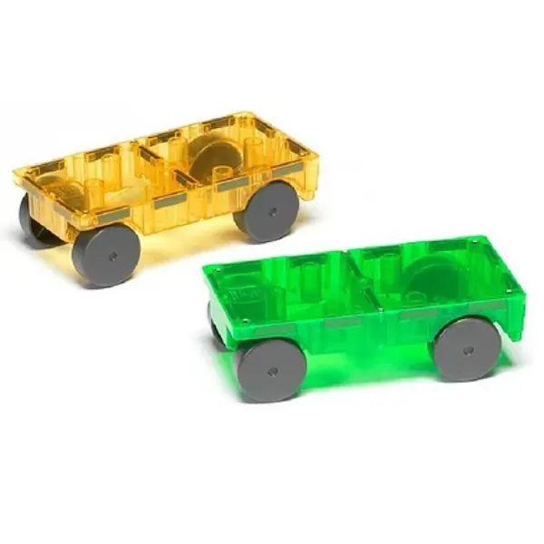 MAGNA-TILES Green & Yellow Cars 2-Piece Expansion Set – Magnetic Wheel Bases for Building, STEM Construction Accessory for Kids