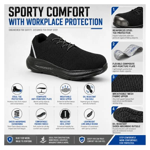 Vaultex NSC Safety Shoes for Men – Steel Toe, Anti-Puncture Composite Plate, Breathable Mesh Work Shoes with Oil-Resistant Sole, Black