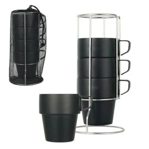 AL ARQAM Black 4-Piece Stackable Stainless Steel Mug Set with Metal Stand – Portable Camping Coffee Cups for Outdoor, Travel, Hiking, and Home Kitchen