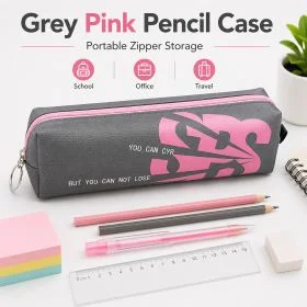 MOTARRO Grey Pencil Case, Portable Zipper Storage Pouch, Durable Fabric Stationery Organizer Bag for School, Office, and Travel, Pink Graphic Text Detail
