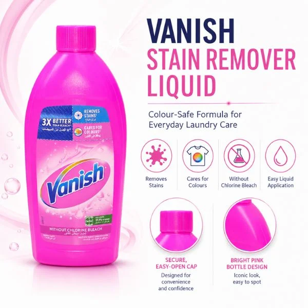 Vanish Pink Stain Remover Liquid 495ML (12PC/CTN)– Colour Safe Laundry Stain Remover Without Chlorine Bleach