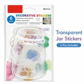 MOTARRO Transparent Mason Jar Stickers MU115-2, Clear White Outline Decorative Adhesive Stickers, 6pcs DIY Craft Stickers for Bottles Jars Gifts Scrapbook Decor
