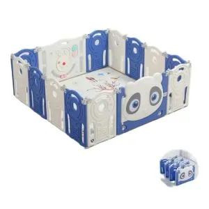 AL ARQAM Kids Foldable Playpen Safety Fence - Panda Design, Safe & Spacious, Easy Storage, 160x160cm, White & Blue , for 2 Years+