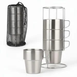 AL ARQAM Silver 4-Piece Stackable Stainless Steel Mug Set with Metal Stand – Portable Camping Coffee Cups for Outdoor, Travel, Hiking, and Home Kitchen