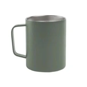 AL ARQAM Matte Olive Green Stainless Steel Camping Mug 350ml with Handle, Double Wall Insulated Coffee Cup, Durable Metal Travel Mug for Outdoor Hiking, Backpacking & Office